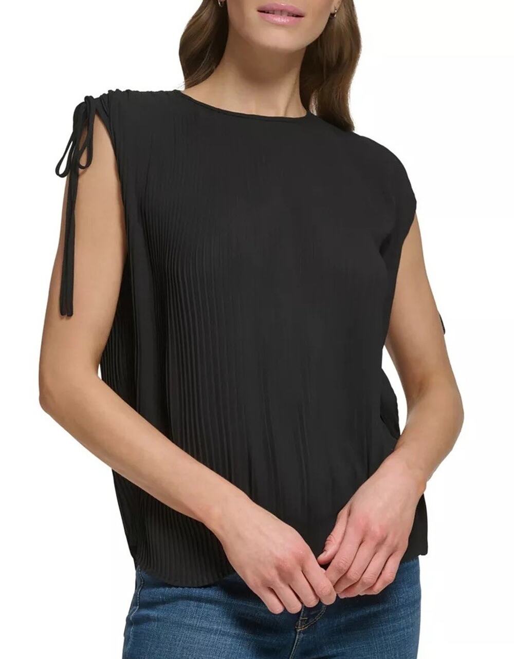 DKNY Women's Size L Pleated Tie Shoulder Boat Neck Top Black Lined